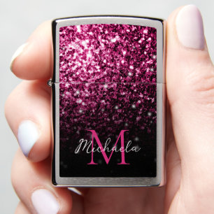 Dark Pink faux glitter sparkles bling Monogram Zippo Lighter