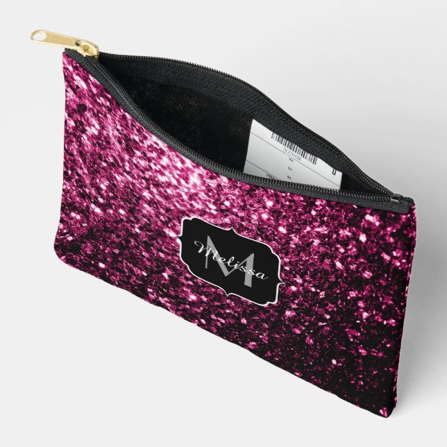 Dark pink faux glitter sparkles Monogram Accessory Pouch (Open)