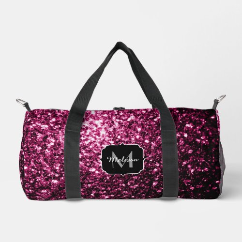 Dark pink faux glitter sparkles Monogram Duffle Bag