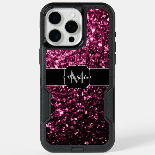 Dark pink faux glitter sparkles Monogram iPhone 15 Pro Max Case