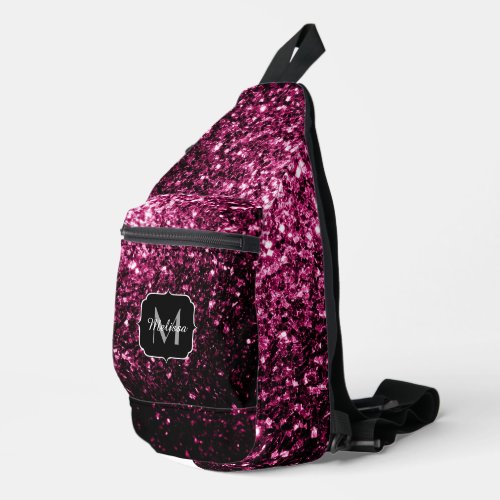 Dark pink faux glitter sparkles Monogram Sling Bag