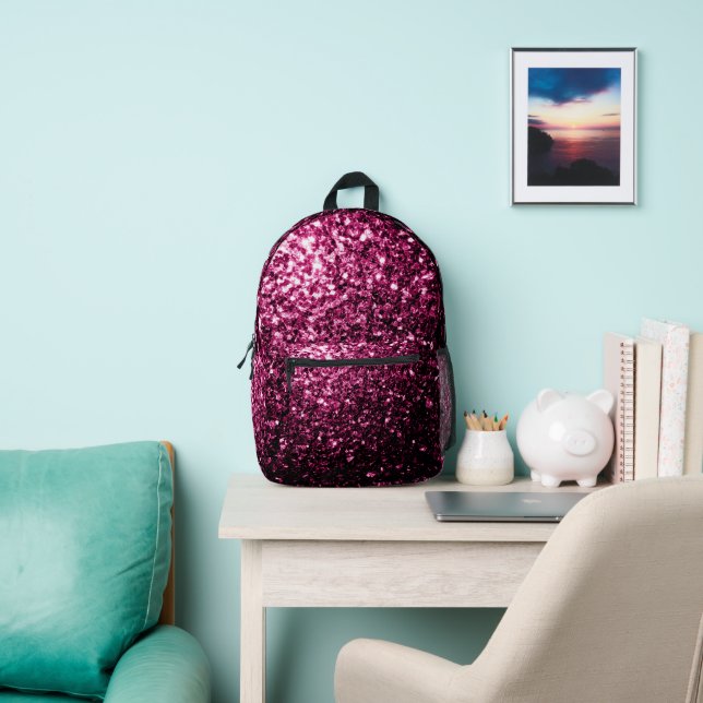 Dark pink faux glitter sparkles printed backpack (Insitu)