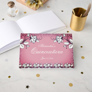 Dark Pink Faux Glitter White Rose Quinceanera Guest Book