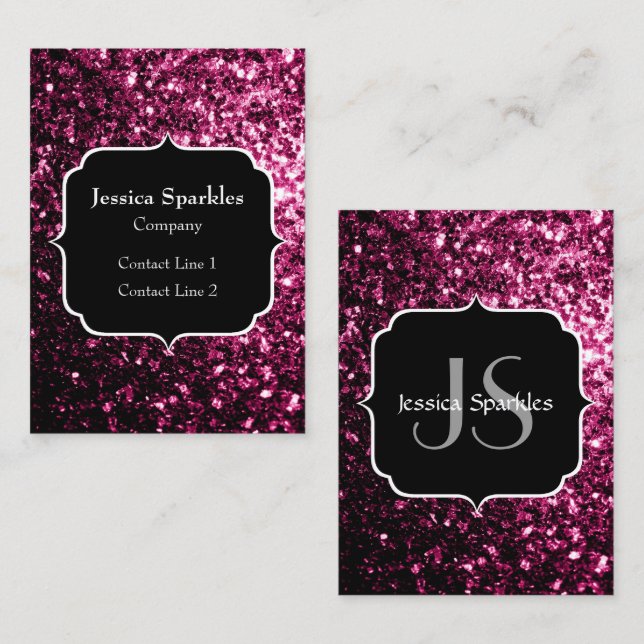 Dark Pink faux shiny glitter sparkles Monogram Business Card (Front/Back)
