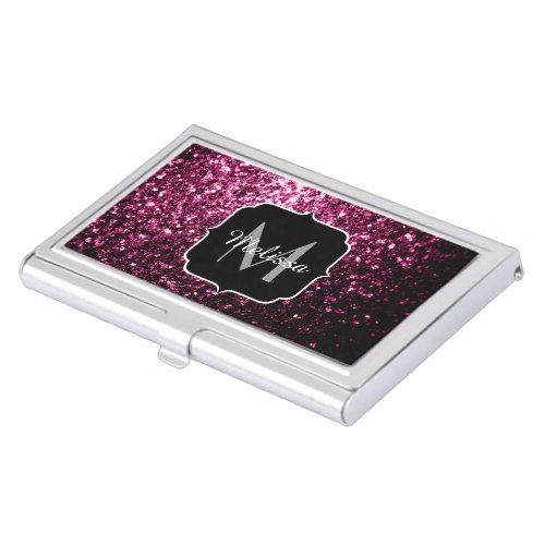 Dark Pink faux shiny glitter sparkles Monogram Business Card Holder
