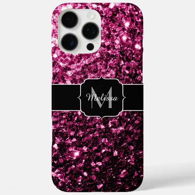 Dark Pink faux shiny glitter sparkles Monogram Case-Mate iPhone Case (Back)