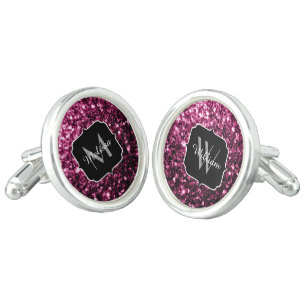 Dark Pink faux shiny glitter sparkles Monogram Cufflinks