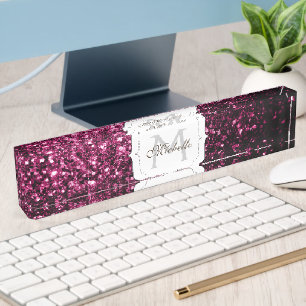 Dark Pink faux shiny glitter sparkles Monogram Desk Name Plate