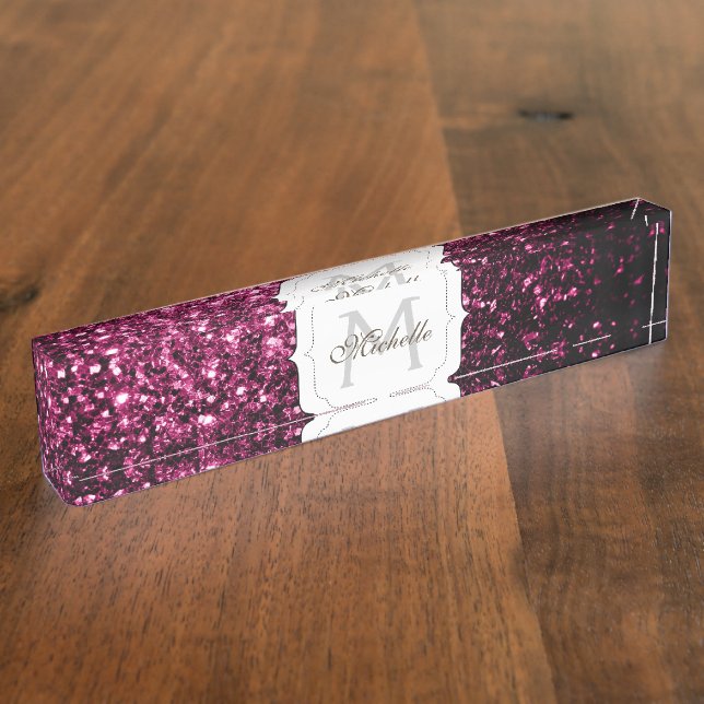 Dark Pink faux shiny glitter sparkles Monogram Desk Name Plate (Side)