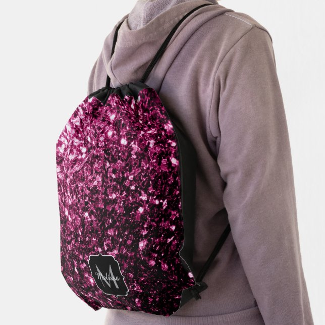 Dark Pink faux shiny glitter sparkles Monogram Drawstring Bag (Insitu)