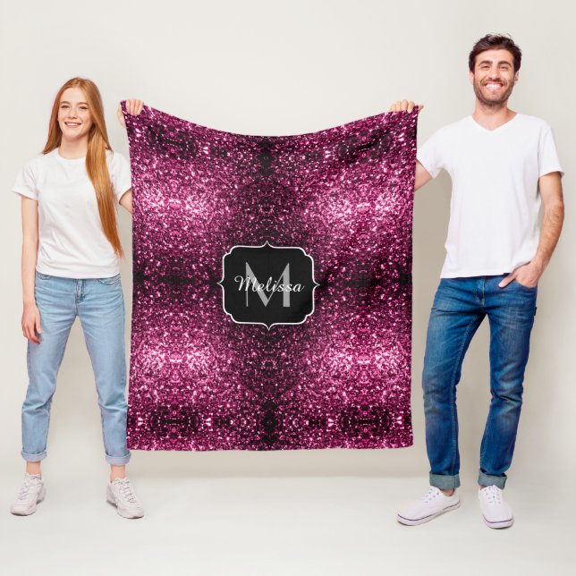Dark Pink faux shiny glitter sparkles Monogram Fleece Blanket (In Situ)