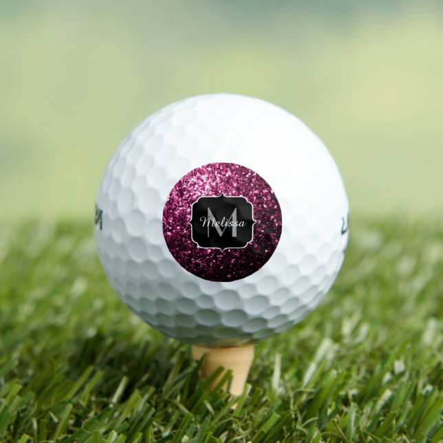 Dark Pink faux shiny glitter sparkles Monogram Golf Balls (Insitu Tee)