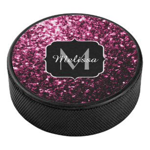 Dark Pink faux shiny glitter sparkles Monogram Hockey Puck