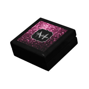 Dark Pink faux shiny glitter sparkles Monogram Keepsake Box