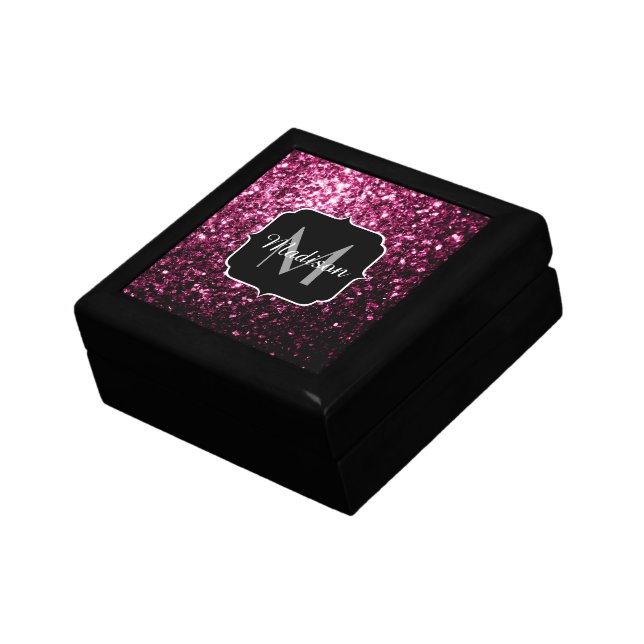 Dark Pink faux shiny glitter sparkles Monogram Keepsake Box (Side)
