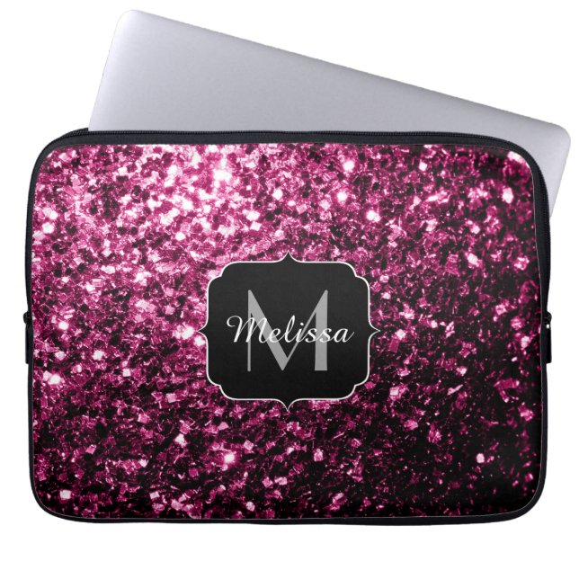 Dark Pink faux shiny glitter sparkles Monogram Laptop Sleeve (Front)