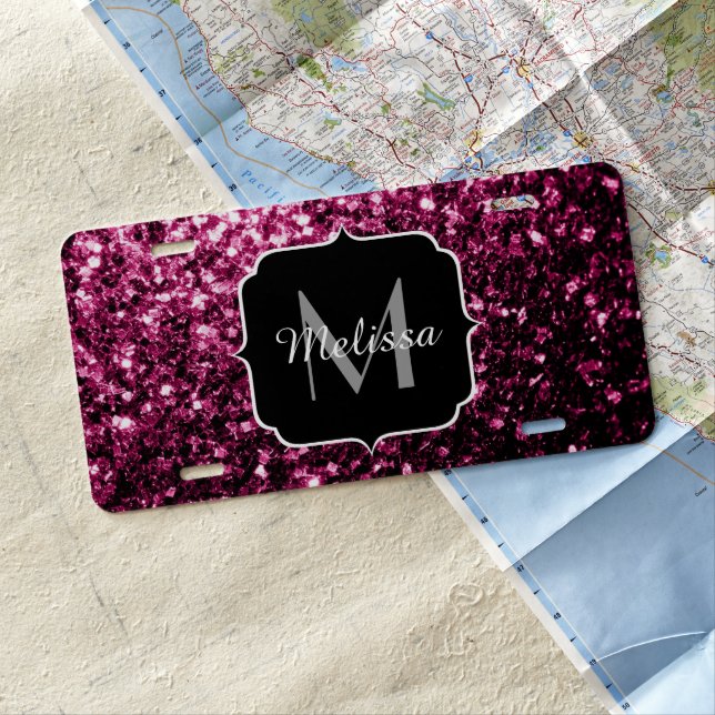 Dark Pink faux shiny glitter sparkles Monogram License Plate (In Situ)