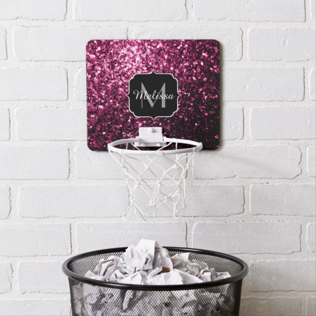 Dark Pink faux shiny glitter sparkles Monogram Mini Basketball Hoop (In Situ)