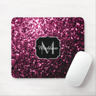 Dark Pink faux shiny glitter sparkles Monogram Mouse Pad