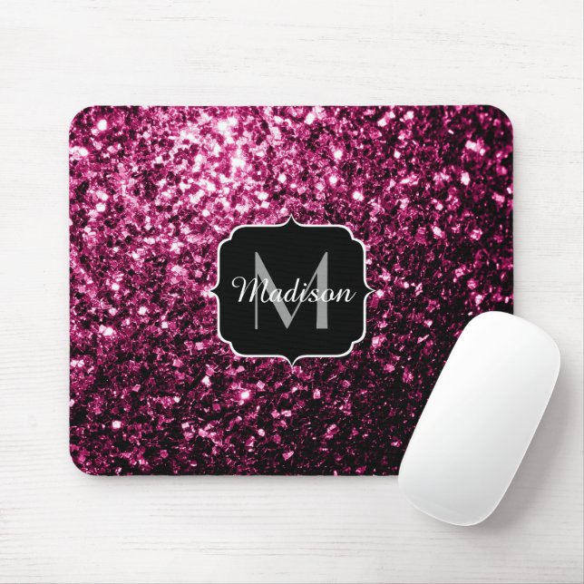 Dark Pink faux shiny glitter sparkles Monogram Mouse Pad (With Mouse)