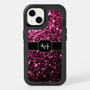 Dark Pink faux shiny glitter sparkles Monogram OtterBox iPhone 14 Case