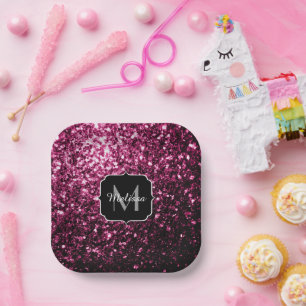 Dark Pink faux shiny glitter sparkles Monogram Paper Plates