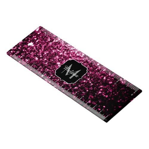 Dark Pink faux shiny glitter sparkles Monogram Ruler