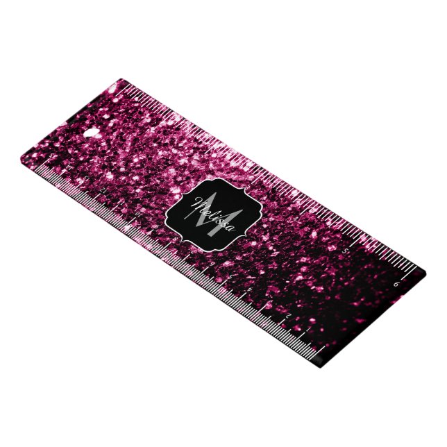 Dark Pink faux shiny glitter sparkles Monogram Ruler (Angled)