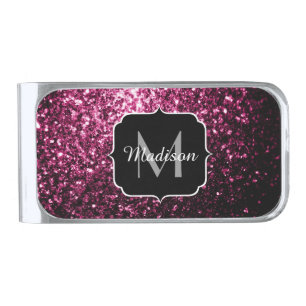 Dark Pink faux shiny glitter sparkles Monogram Silver Finish Money Clip