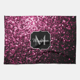 Dark Pink faux shiny glitter sparkles Monogram Towel