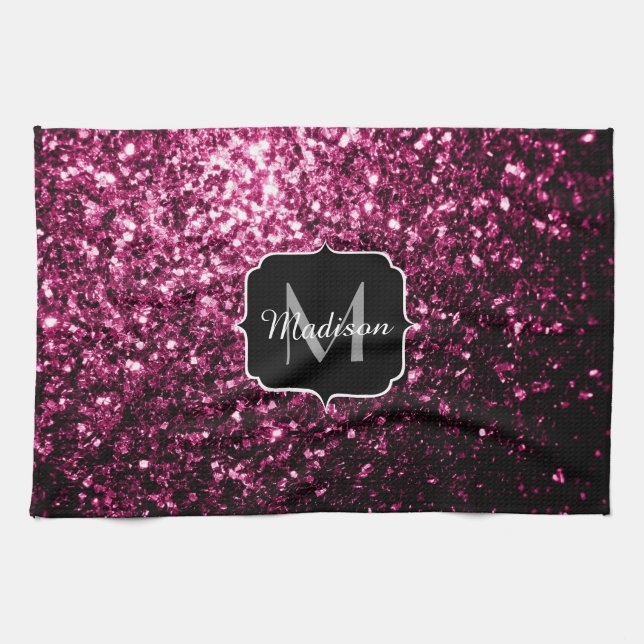 Dark Pink faux shiny glitter sparkles Monogram Towel (Horizontal)
