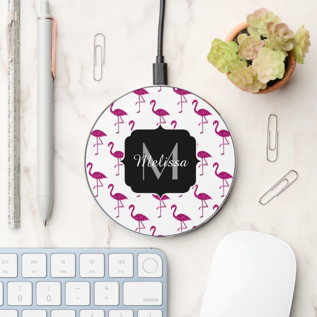 Dark Pink faux shiny glitter sparkles Monogram Wir Wireless Charger (Desk)