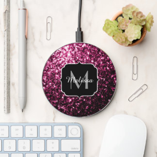 Dark Pink faux shiny glitter sparkles Monogram Wireless Charger