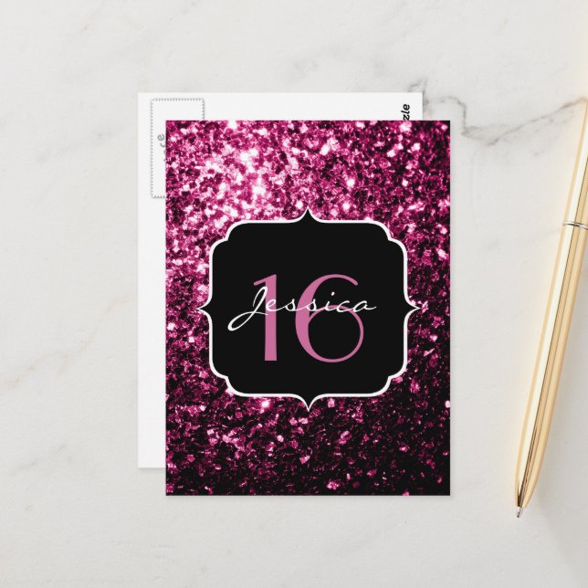 Dark Pink faux shiny glitter sparkles Sweet 16 Postcard (Front/Back In Situ)