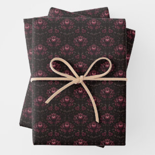 Dark Pink Floral Damask on Black Wrapping Paper Sheets