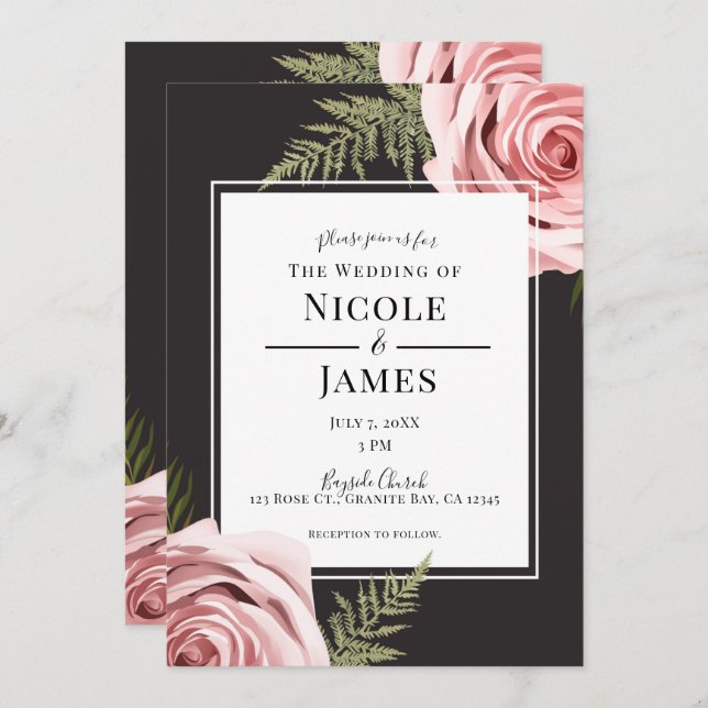 Dark Pink Floral Roses Rustic Shabby Chic Wedding Invitation (Front/Back)