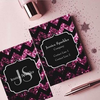 Dark Pink Glitter Sparkles Black Chevron Monogram Business Card by PLdesign at Zazzle
