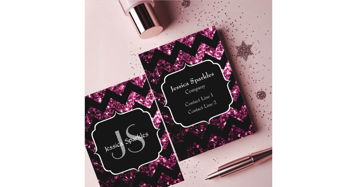 Dark Pink glitter sparkles black Chevron Monogram Business Card | Zazzle