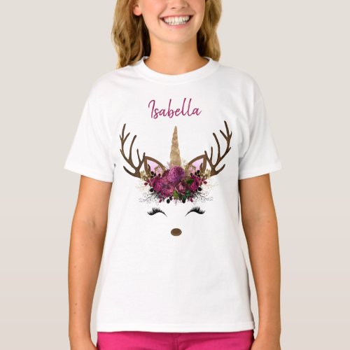 Dark Pink Gold Monogram Christmas Unicorn Reindeer T_Shirt