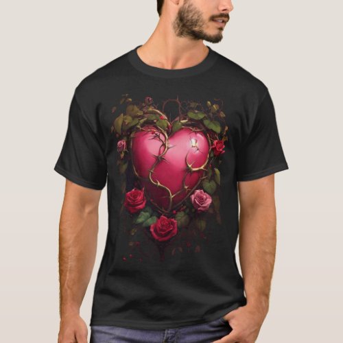 Dark Pink Heart Amidst Roses and Serpents T_Shirt