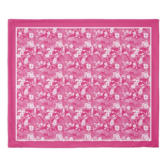 Dark Pink Japanese Chiyogami Blossom Pattern Duvet Cover (Front)