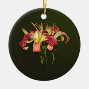 Dark Pink Lilies With Yellow Centers Ceramic Ornament