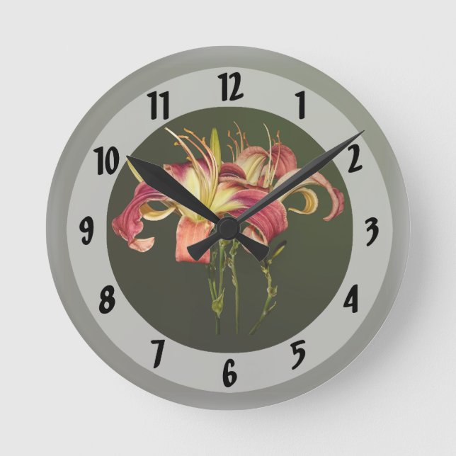 Dark Pink Lilies With Yellow Centers Round Clock (Front)