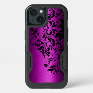 Dark Pink Metallic Texture & Black Floral Lace iPhone 13 Case