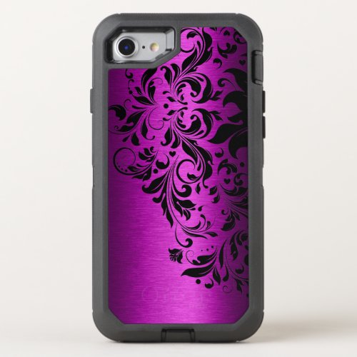 Dark Pink Metallic Texture  Black Floral Lace OtterBox Defender iPhone SE87 Case