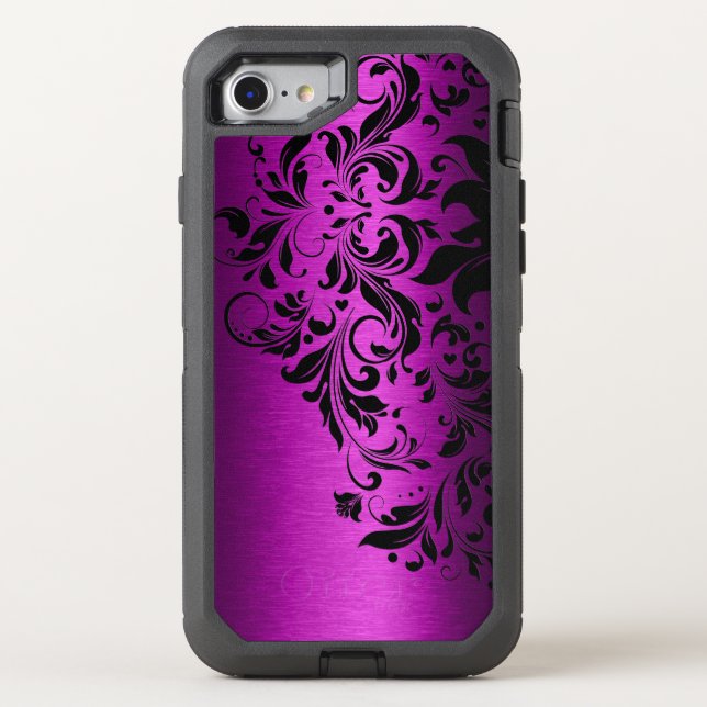 Dark Pink Metallic Texture & Black Floral Lace Otterbox iPhone Case (Back)
