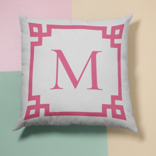 Dark Pink Monogrammed Greek Key Border Throw Pillow