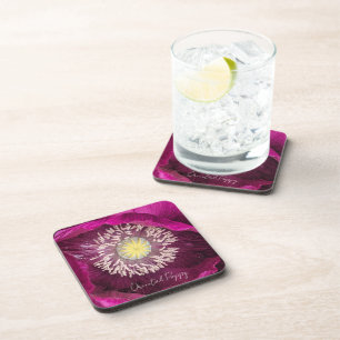 Dark Pink Oriental Poppy Floral Beverage Coaster