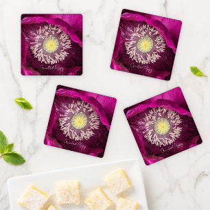 Dark Pink Oriental Poppy Floral Coaster Set