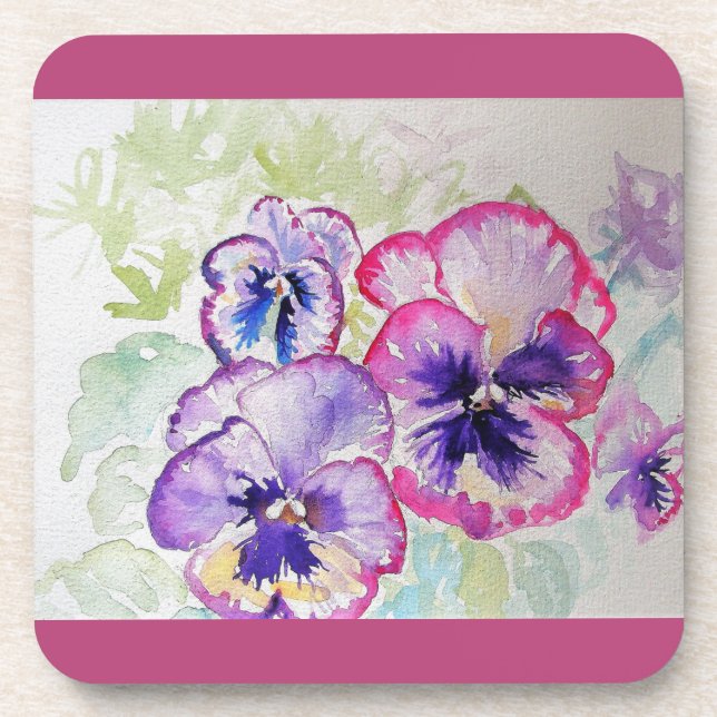Dark Pink Pansy Watercolour Flower floral Coasters (Front)